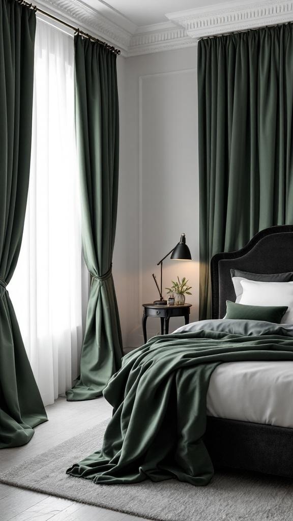 A bedroom with elegant green drapes framing a window, complemented by dark bedding and a cozy atmosphere.