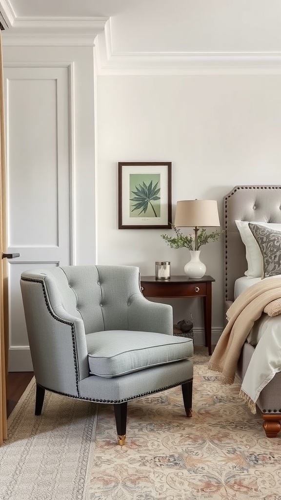 A stylish grey accent chair in a beige-themed bedroom, featuring button-tufting and black legs.