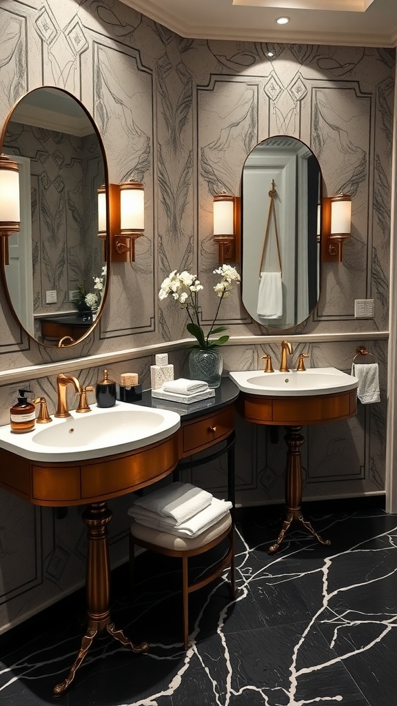 Elegant bathroom featuring his and hers sinks with stylish mirrors and warm lighting