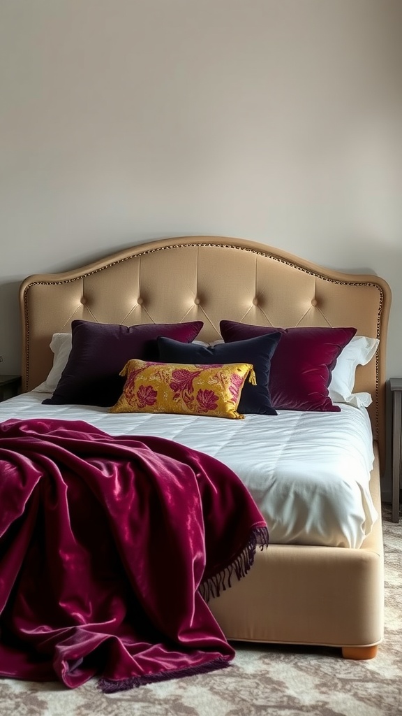 A beige bedframe with a burgundy throw blanket and jewel-toned pillows.