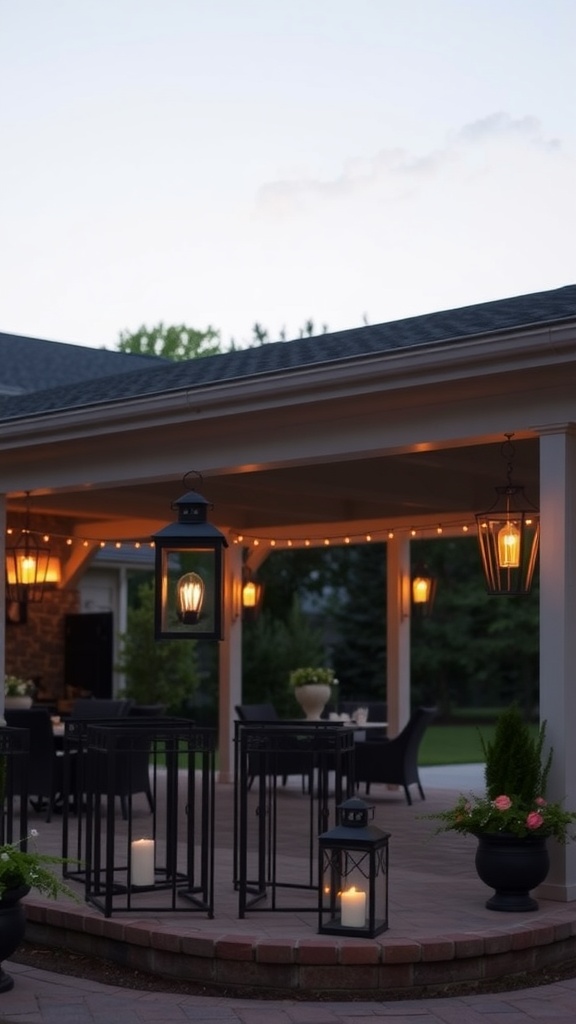 A covered patio featuring hanging lanterns and soft lighting, creating a cozy atmosphere.