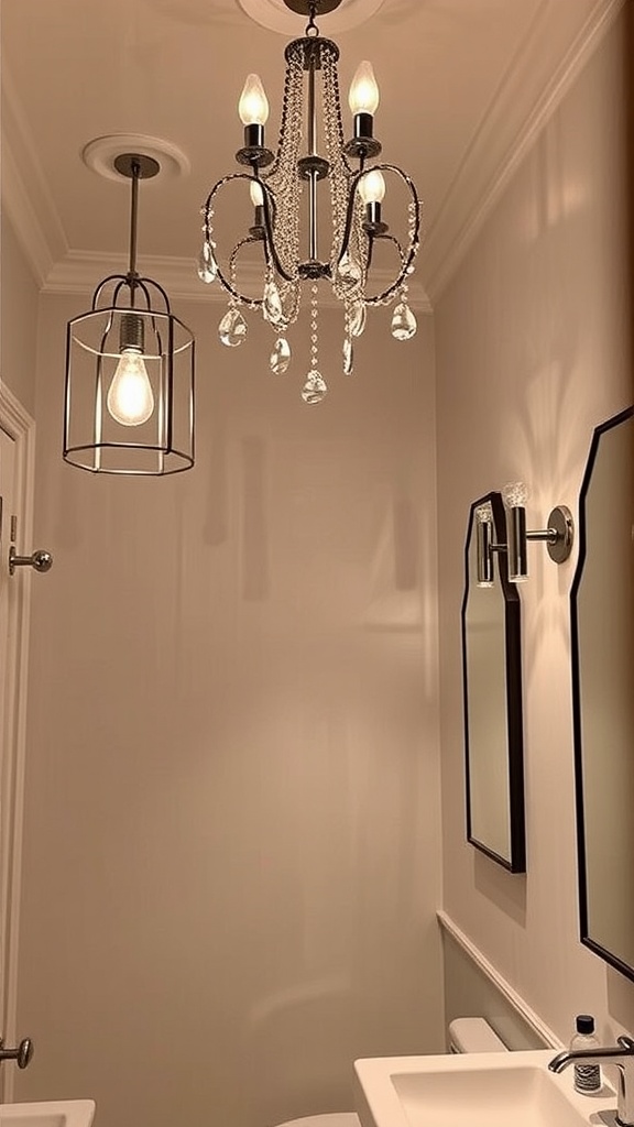 A bathroom featuring a chandelier and a pendant light, showcasing elegant lighting fixtures.