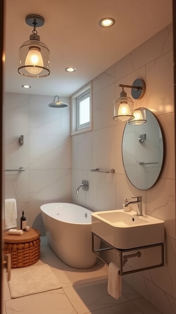 A bathroom with elegant lighting fixtures, featuring hanging glass lights and recessed ceiling lights.