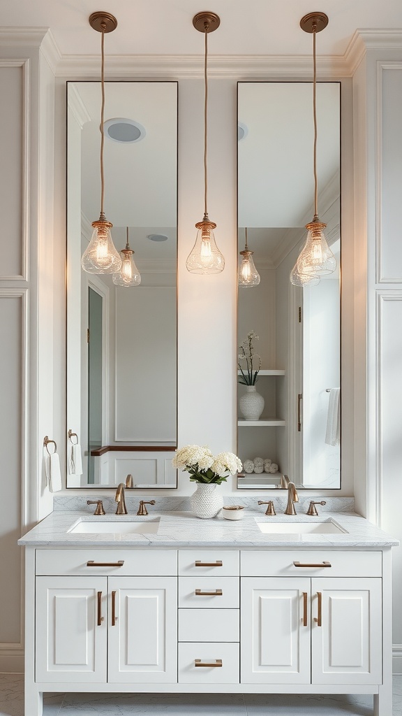 Bathroom with elegant pendant lighting fixtures above a double sink vanity