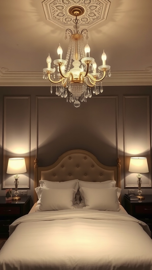 A classy bedroom featuring an elegant chandelier and stylish bedside lamps.