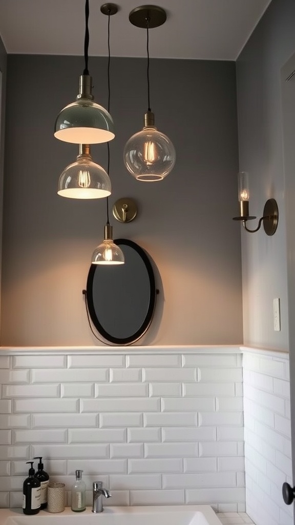 Stylish bathroom lighting with pendant lights and wall sconce.