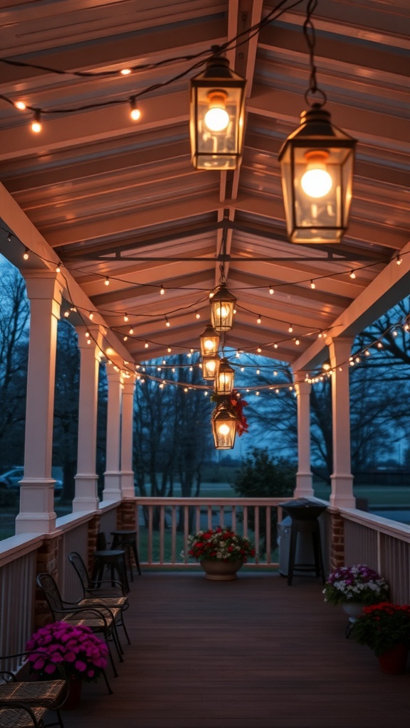 A covered patio with hanging lanterns and string lights, surrounded by flowers and chairs.