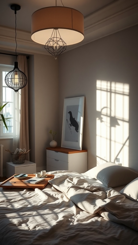 A cozy bedroom with elegant lighting, featuring a large pendant light and a wireframe hanging light, complemented by natural sunlight.