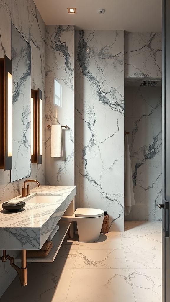 Modern bathroom featuring elegant marble surfaces and contemporary fixtures