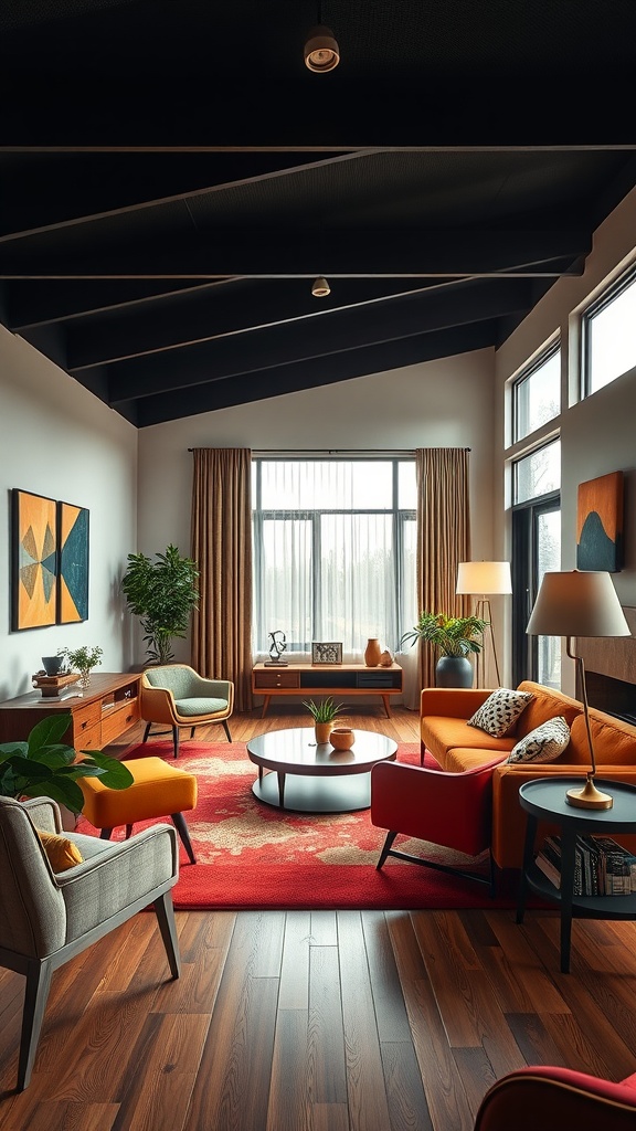 A stylish mid-century modern living room featuring bright orange and gray chairs, a round coffee table on a patterned rug, and large windows.