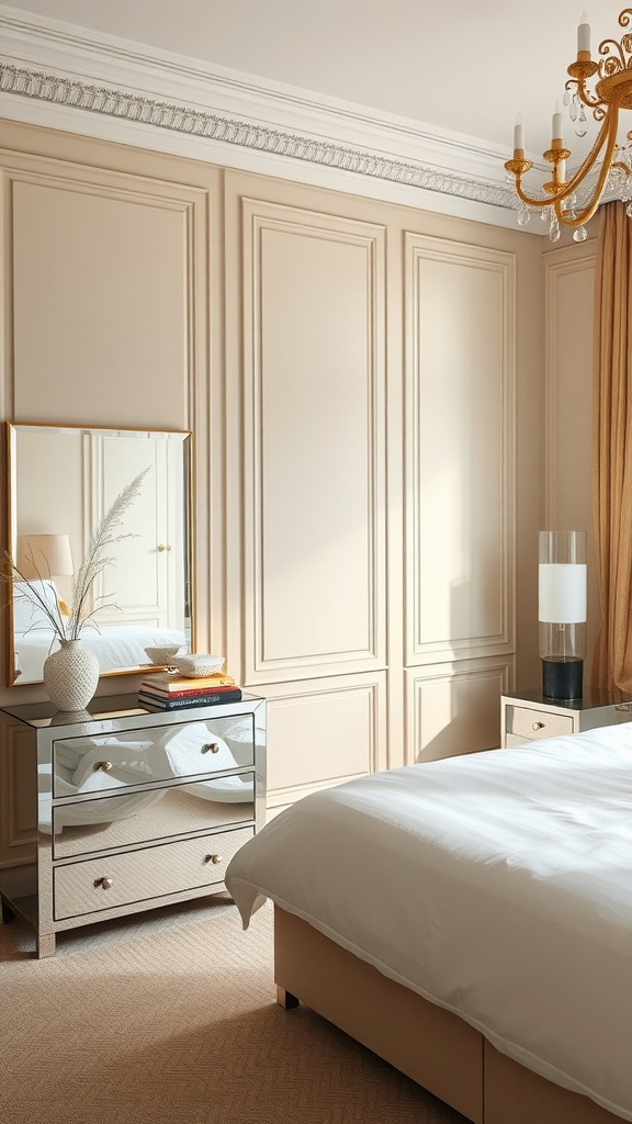 A beige aesthetic bedroom featuring a mirrored nightstand and elegant chandelier.