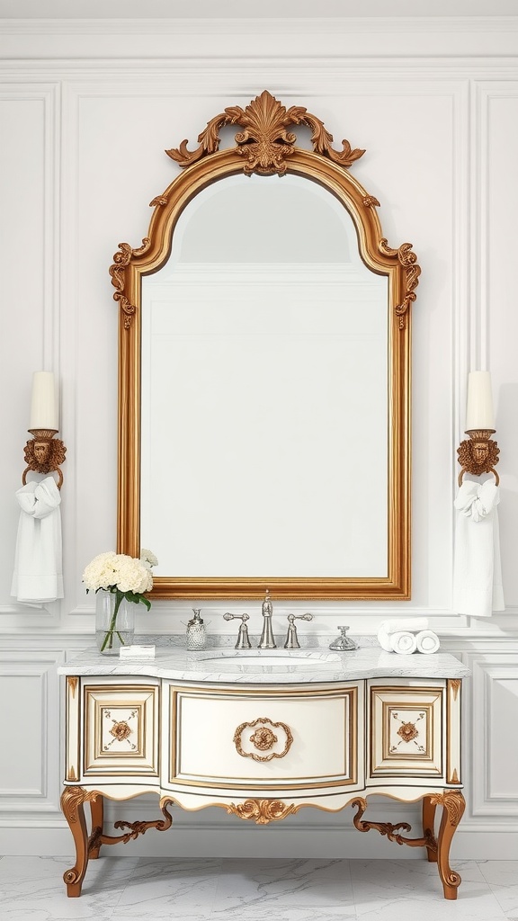 A luxurious bathroom featuring a large ornate mirror with gold frame above a marble vanity with elegant fixtures.