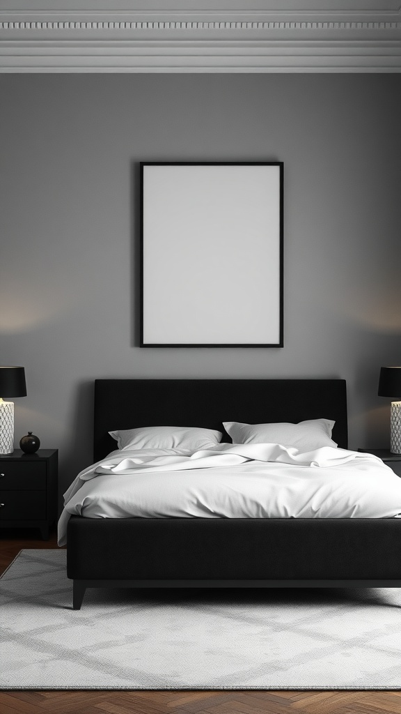 A modern bedroom featuring a black bedframe, white bedding, gray walls, and stylish lamps.