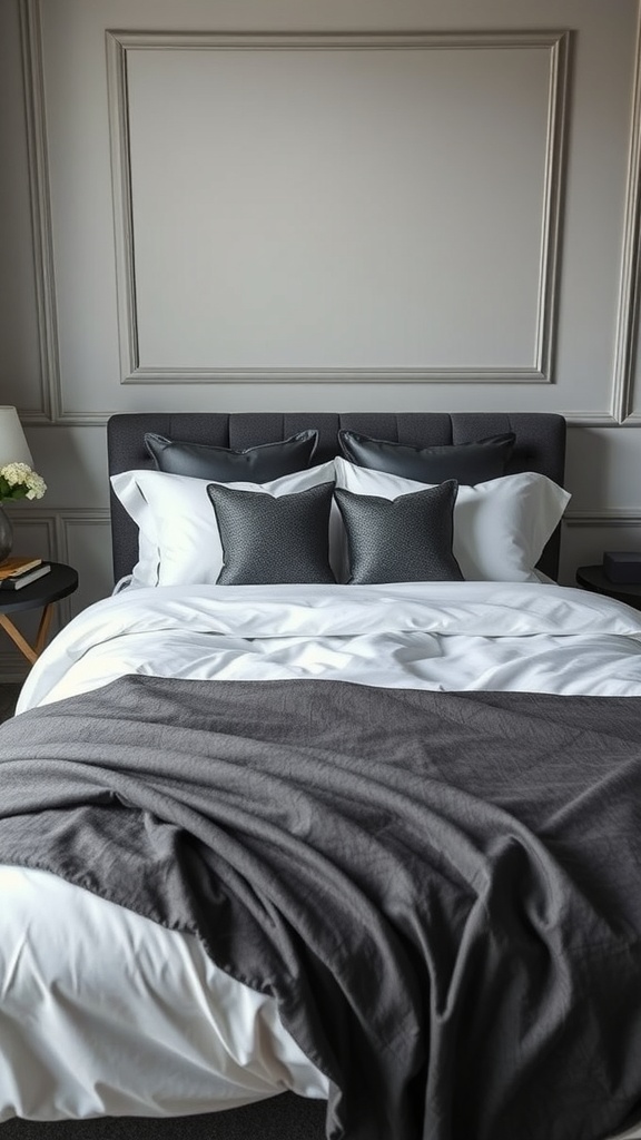 A stylish gray and black bedroom featuring a neatly made bed with gray and white bedding, decorative pillows, and elegant wall molding.