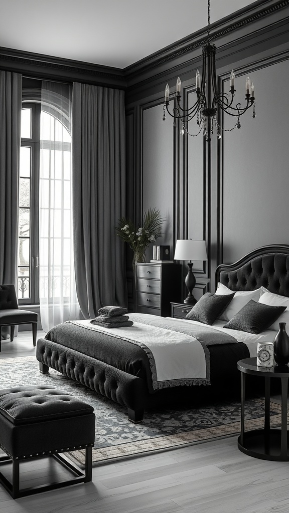 A stylish bedroom featuring black furniture, a tufted bed, and elegant decor.