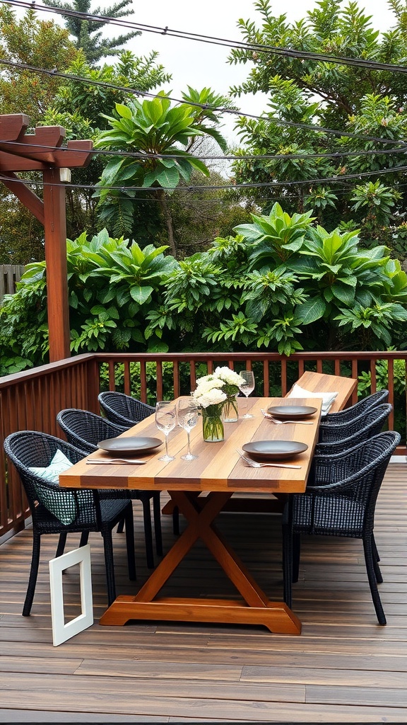 Outdoor dining area with a wooden table and black chairs, surrounded by greenery.