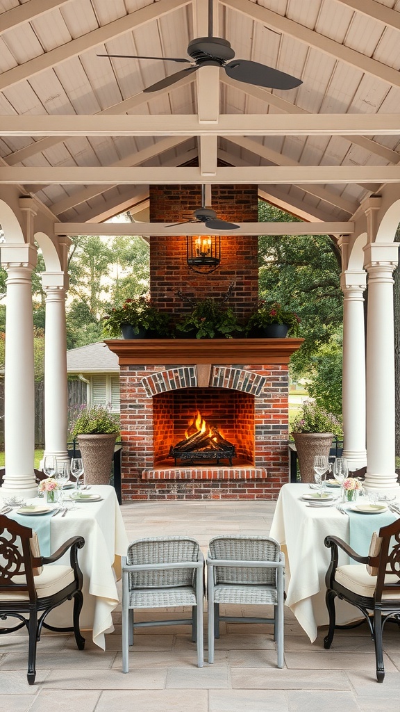 Outdoor dining area with a fireplace, featuring elegant tables and chairs, surrounded by greenery.