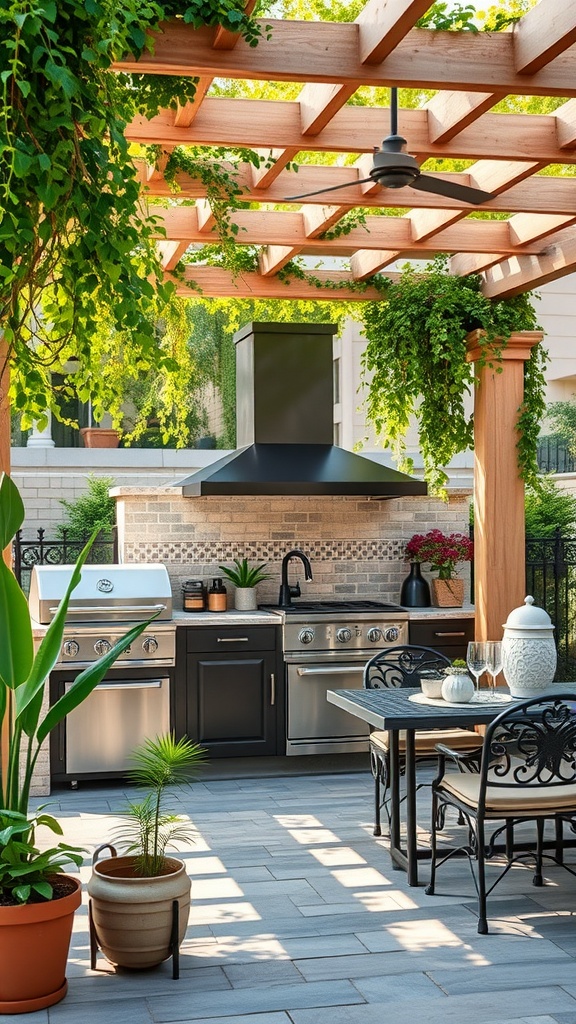 Outdoor kitchen under a wooden pergola with modern appliances and seating, surrounded by greenery.