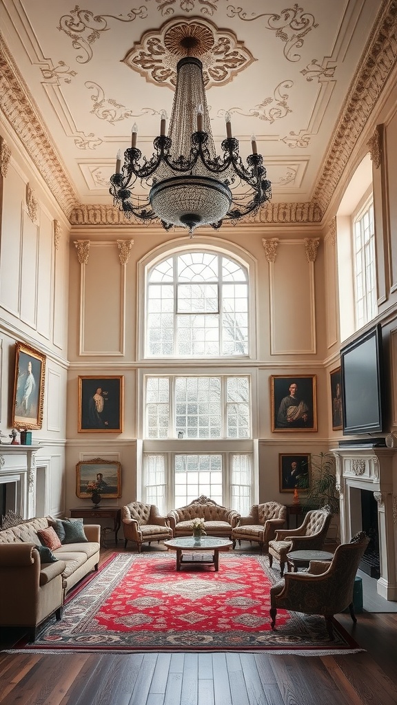 An elegant English living room featuring a chandelier, ornate ceiling, plush seating, and rich decor.