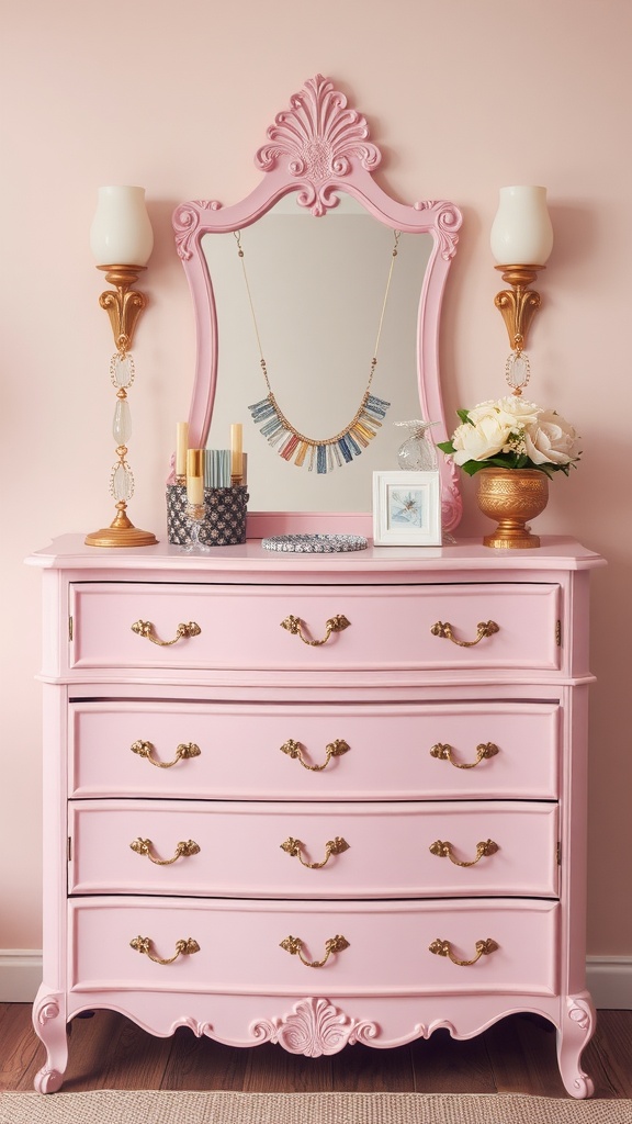 A pink dresser with an ornate mirror and decorative accessories in a girly bedroom