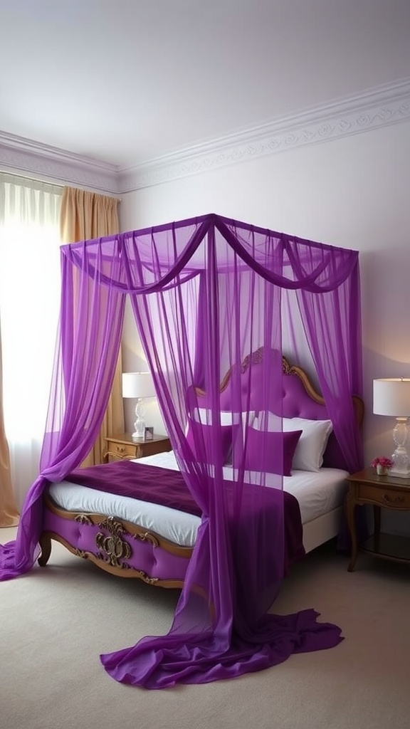 A purple bed canopy draped over a stylish bed, creating a cozy and elegant bedroom atmosphere.