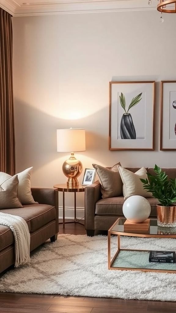 A pink living room featuring rose gold decor with a cozy couch, stylish lamps, and art on the walls.