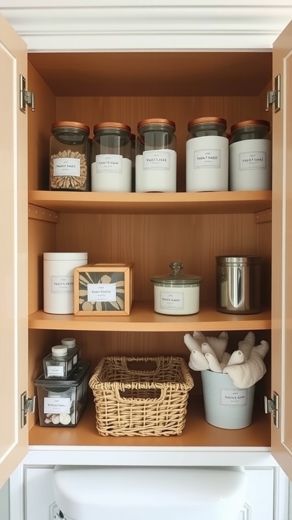 Organized bathroom cabinet with labeled jars and storage baskets