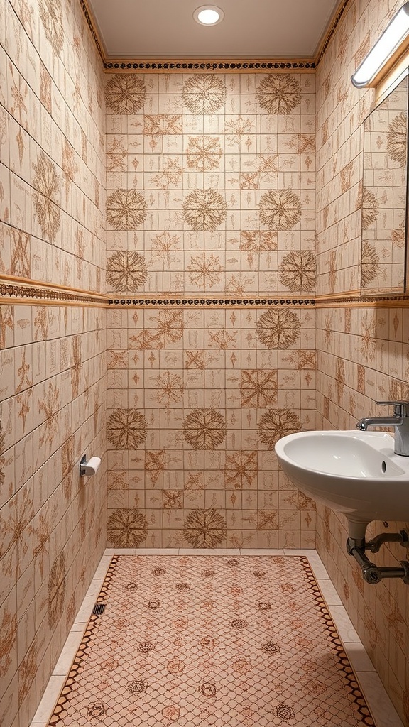 Bathroom with intricate tile patterns on walls and floor.