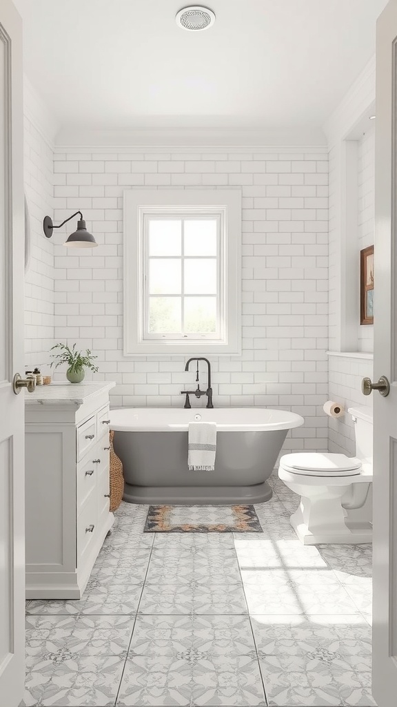 Modern farmhouse bathroom with elegant tile patterns on the floor and walls.