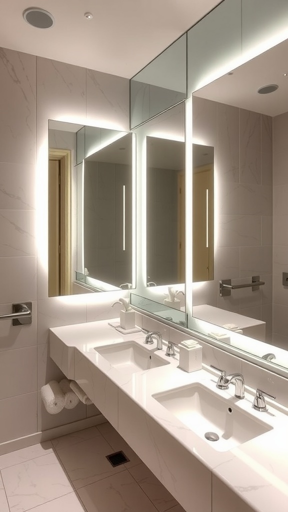 Modern hotel bathroom with elegant vanity lighting, mirrors, and a sleek sink design.