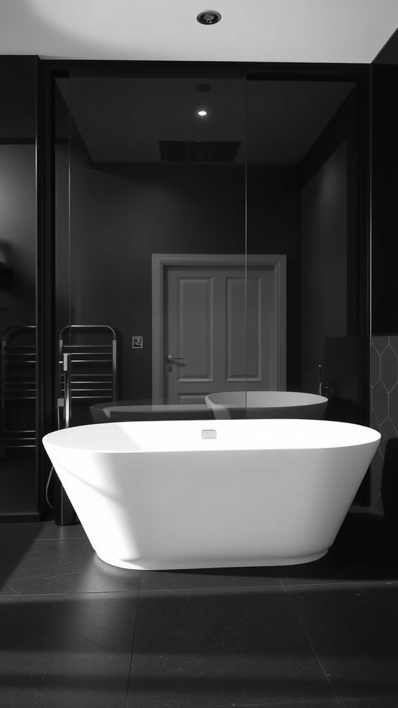 A modern white bathtub in a stylish black and white bathroom setting.