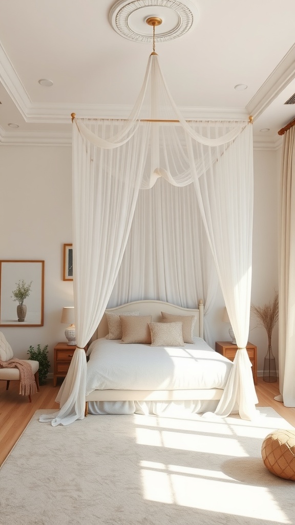 A serene beige and white bedroom featuring a white canopy bed with soft linens and decorative pillows.
