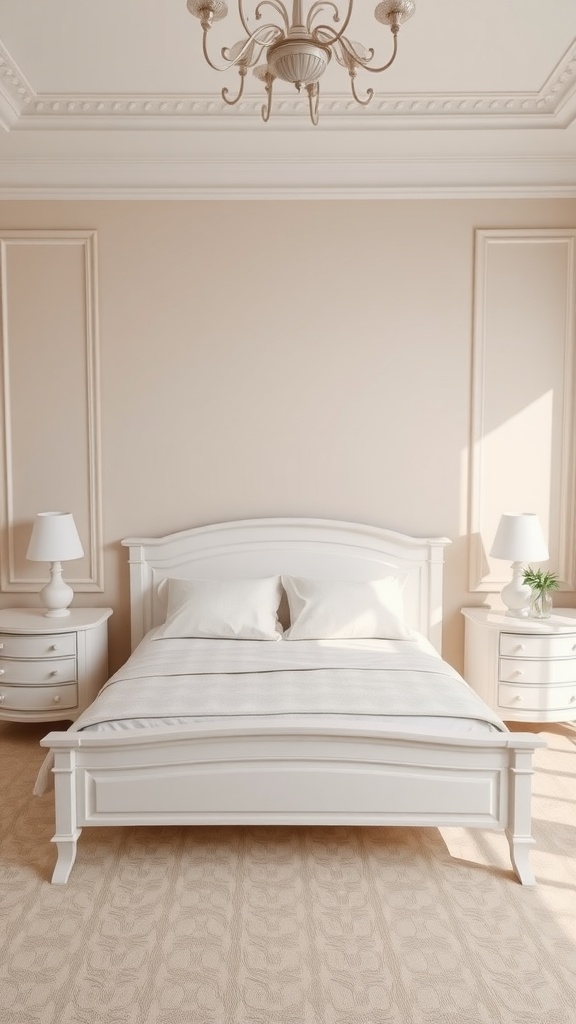 Elegant white furniture in a bright bedroom with a white bed, nightstands, and a chandelier.
