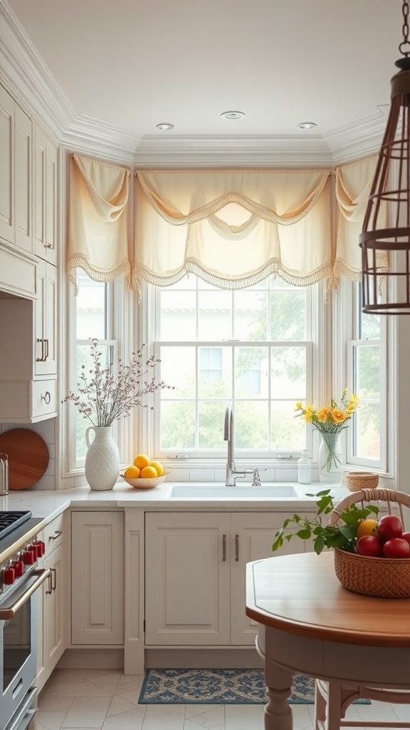 Soft, draped curtains in a white kitchen with bright natural light