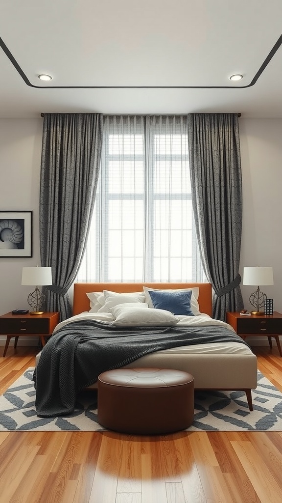 Cozy modern bedroom with elegant window treatments and warm decor