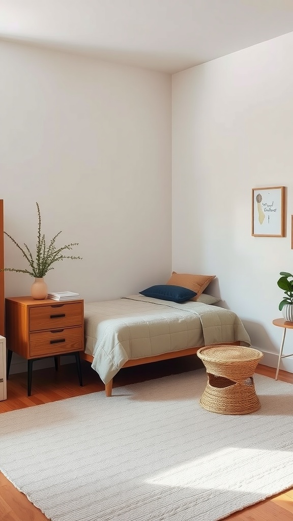 Cozy minimalistic small bedroom with a bed, nightstand, and plant.