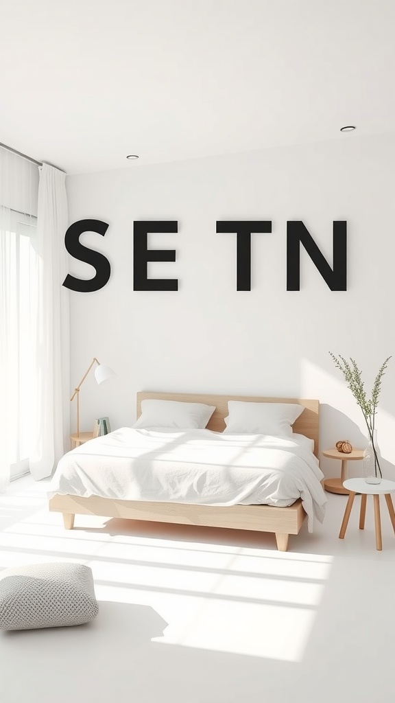 A minimal white bedroom with a wooden bed, large letters on the wall, and natural light.