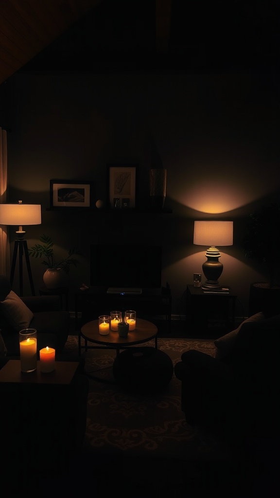 A dimly lit living room with candles and lamps creating a cozy atmosphere.