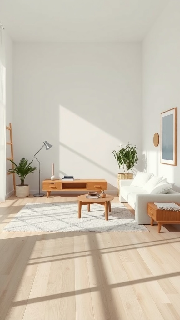 A minimalist living room with a white sofa, wooden furniture, and a plant, illuminated by natural light.