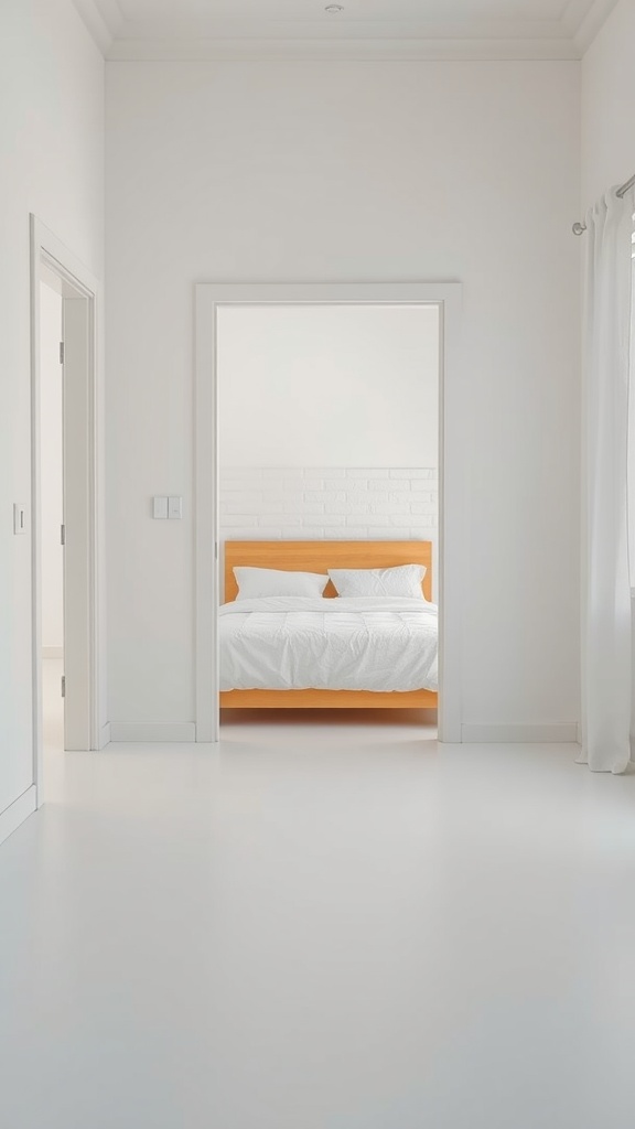 A minimal bedroom with a focus on open space, featuring a white interior and a cozy orange bed.
