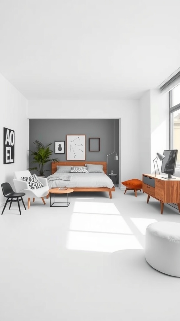A minimalist bedroom featuring clean lines, geometric shapes, and a calm color palette.