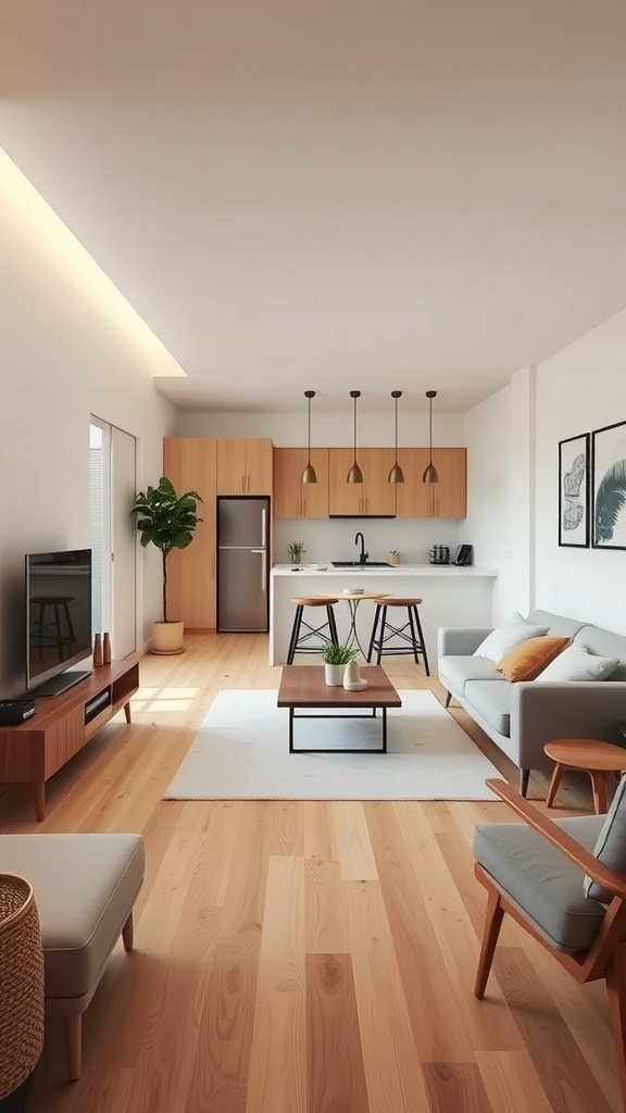 A minimalist apartment interior showcasing an open floor plan with a living area and kitchen.