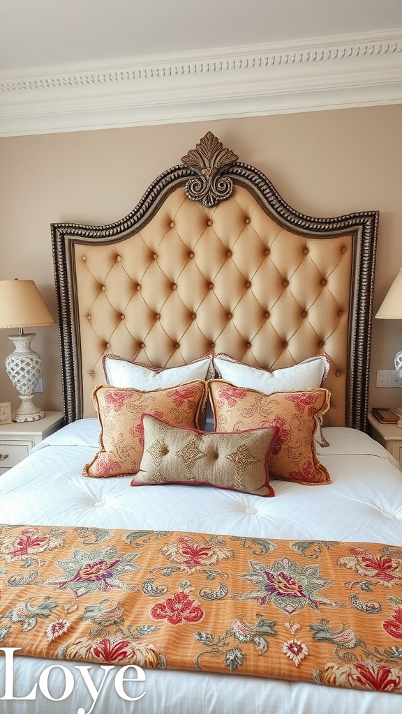 A beautifully styled bed with a tufted headboard and decorative pillows.