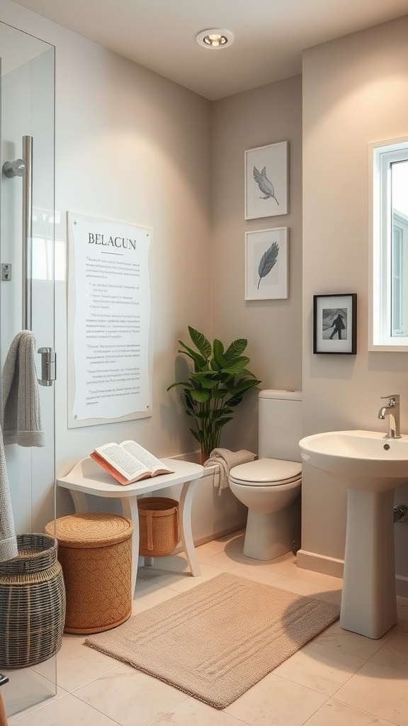 Modern bathroom with a glass shower, potted plant, and decorative elements