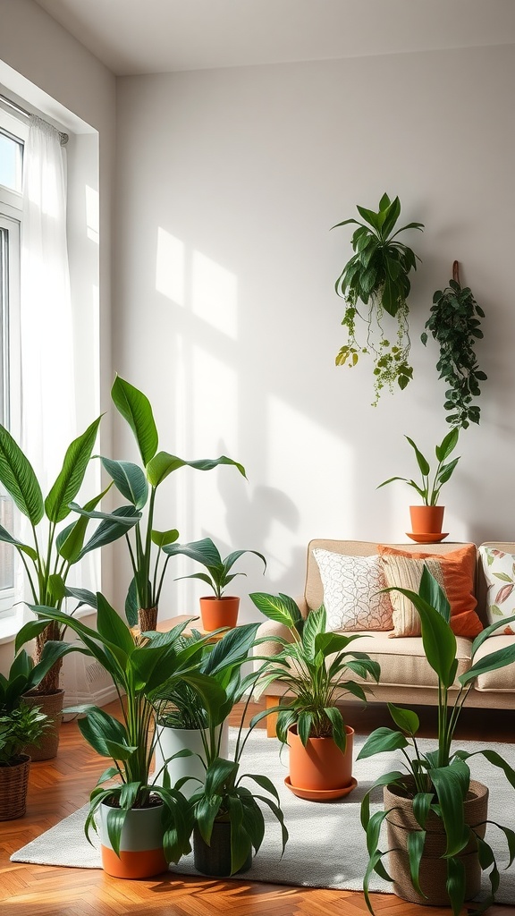A cozy living room filled with various indoor plants, enhancing air quality and aesthetics.