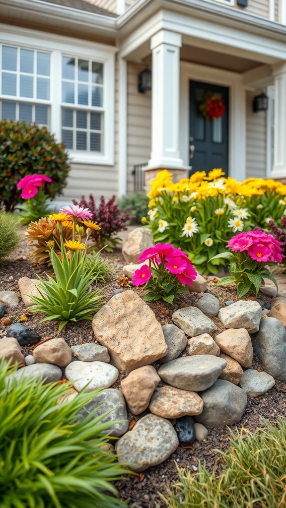 Colorful flowers and decorative stones in a garden bed near a house.