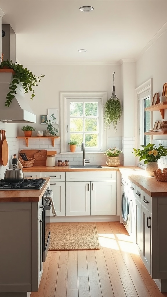 A bright and cozy kitchen with sunlight streaming through a window, plants on shelves, and wooden countertops.