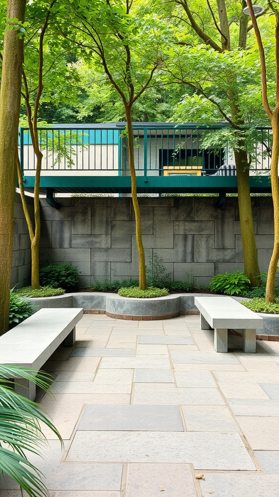 Outdoor seating area with stone benches and trees