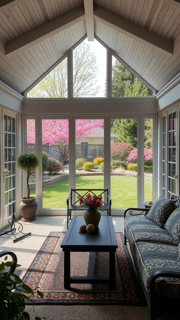A bright all-season room with large windows showing a landscaped garden with pink flowers and green grass.