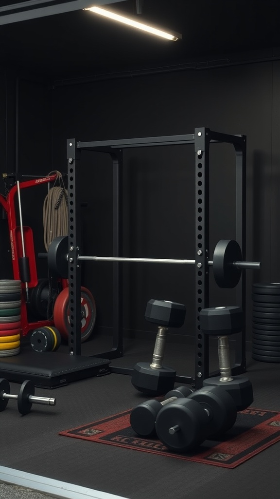 A black garage gym featuring a squat rack, dumbbells, colorful weight plates, and a flat bench on rubber flooring.